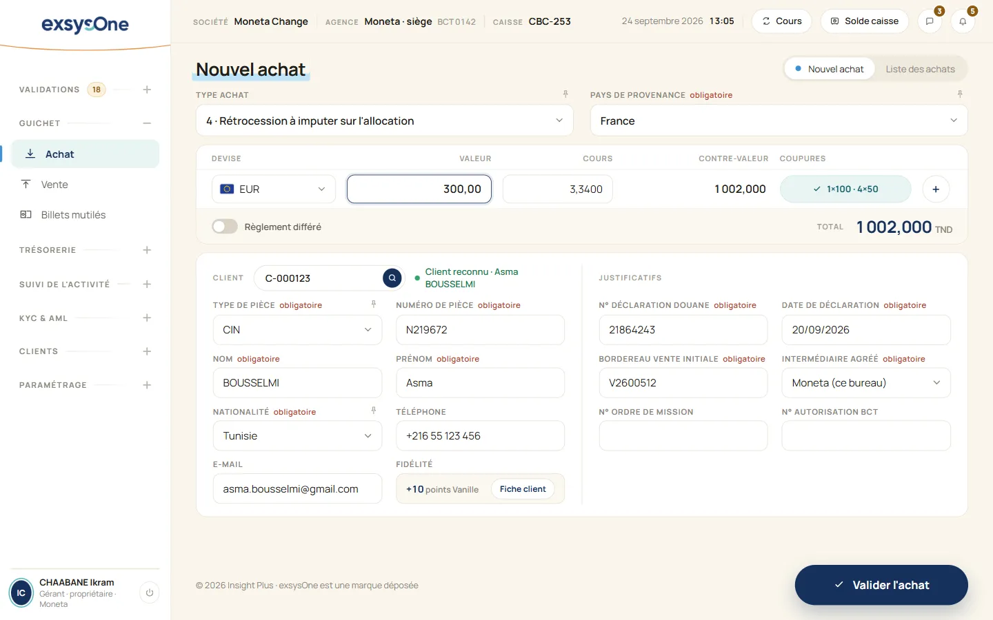 Exsys One : formulaire d’achat de devises au guichet, avec le client reconnu et le total en dinars