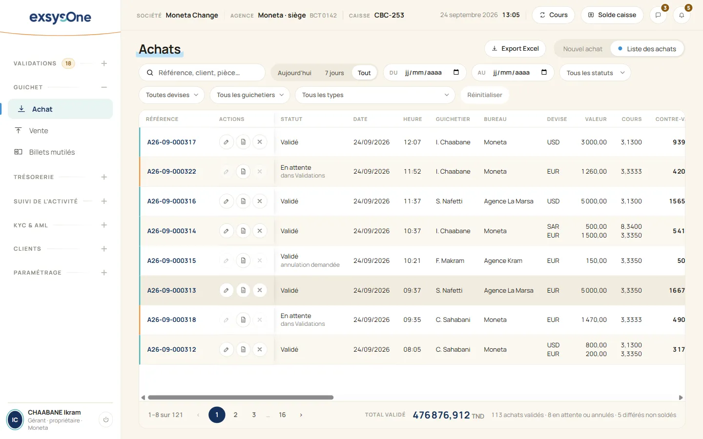 Exsys One : liste des achats avec filtres, statuts, pagination et total