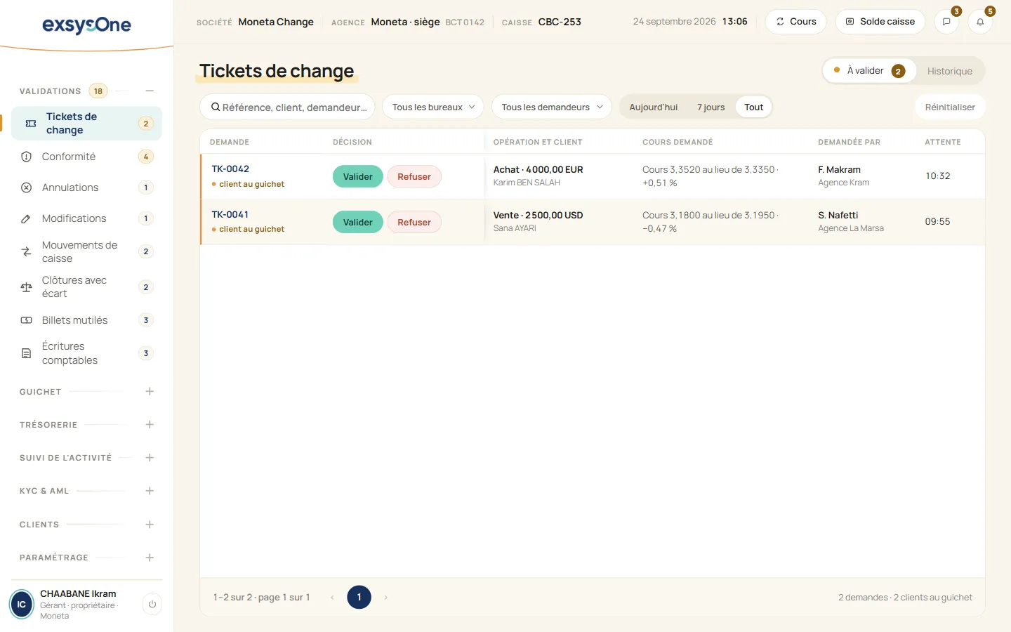 Exsys One : files de validation avec compteurs, tickets de change à valider ou refuser