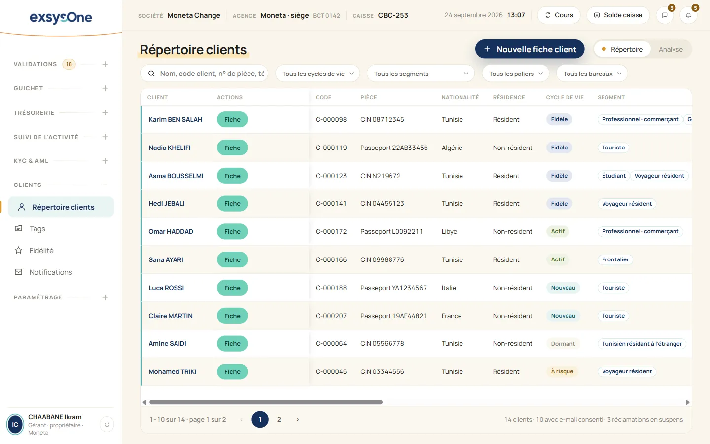 Exsys One : répertoire des clients avec badges de cycle de vie et tags