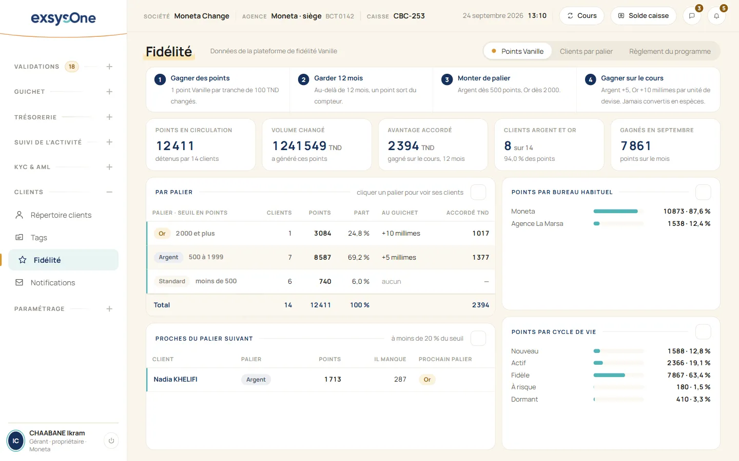 Exsys One : programme de fidélité Vanille, points des clients